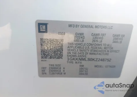 2019 GMC Acadia Slt-1 from USA, damaged, VIN 1GKKNMLS0KZ248752